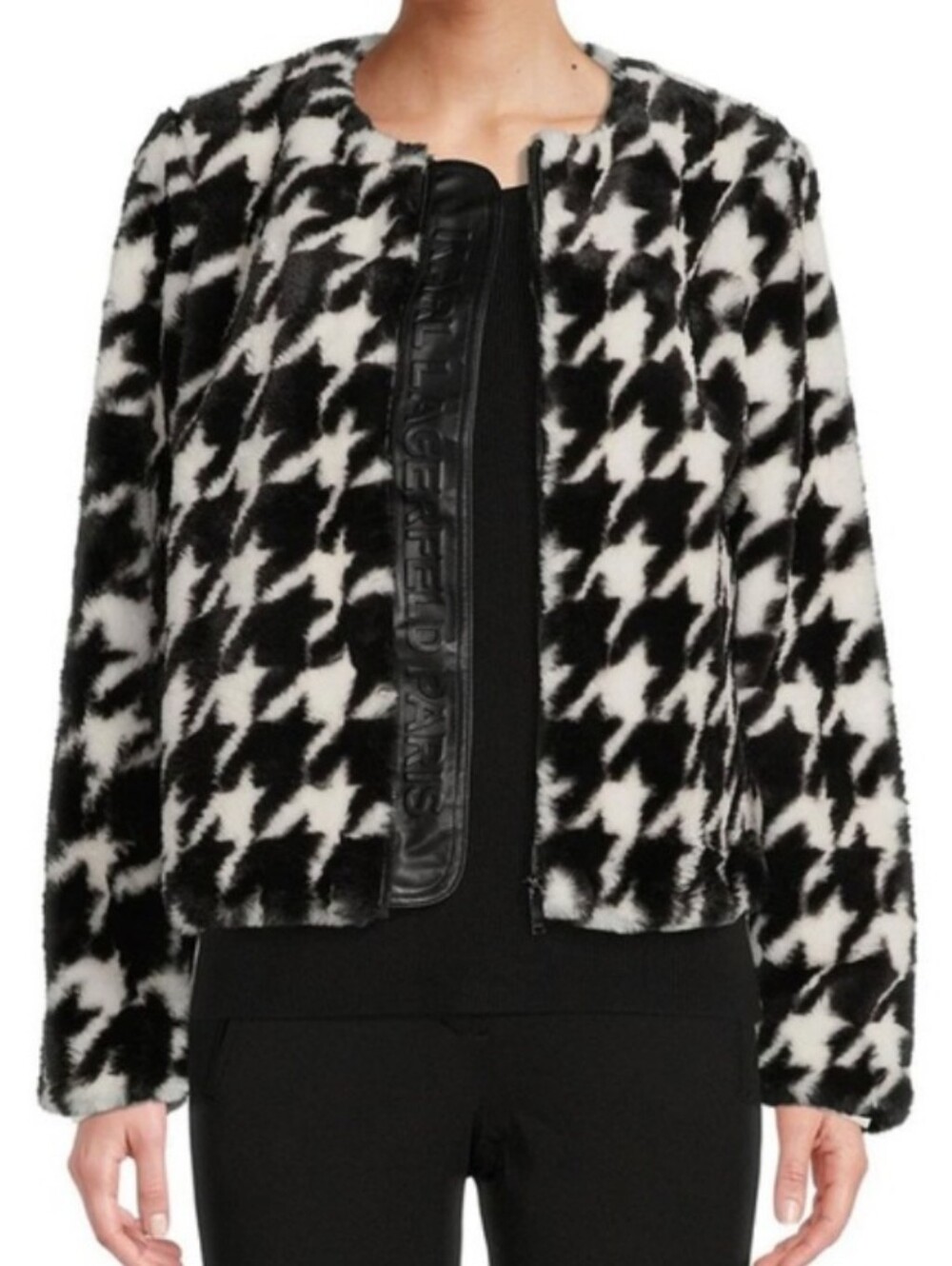Karl Lagerfeld Paris Faux Fur Houndstooth Jacket Black White Small Coat